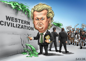 Geert Wilders with finger in dyke